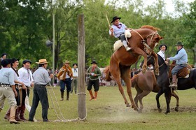 Argentine, province de Buenos Aires, San Antonio de Areco, fête du Jour de la Tradition (Dia de la Tradicion), les gauchos prouvent leur habilité à cheval lors d'un rodéo appelé Jineteada gaucha  Argentina, Buenos Aires Province, San Antonio de Areco, Tradition Day festival (Dia de Tradicion), gauchos demonstrate their ability with horses at a rodeo called Jineteada gaucha