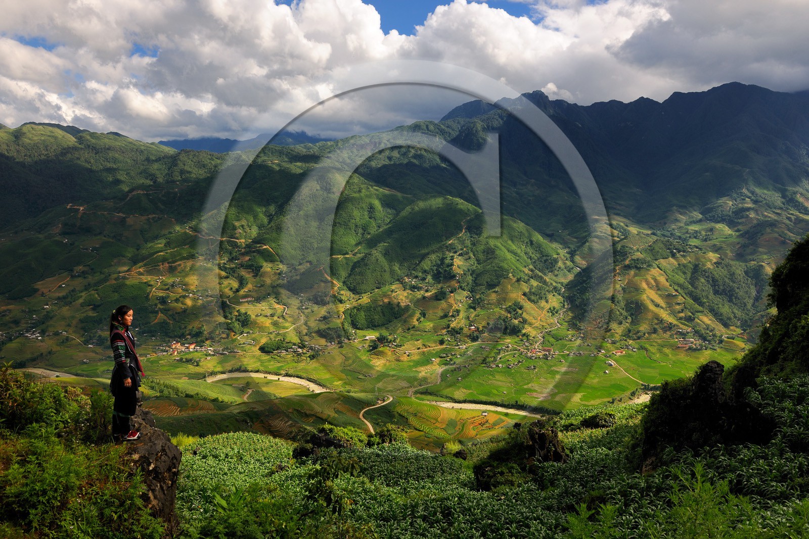 Vietnam, province de Lao Cai, région de Sapa, jeune femme de la minorité Hmong Noir surplombant sa vallée de Hau Thao   Vietnam, Lao Cai province, Sapa district, young woman from the Black Hmong minority group overlooking her valley Hau Thao